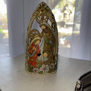 Roman Inc Cloisonne Holy Family Nativity Scene Jeweled Candleholder